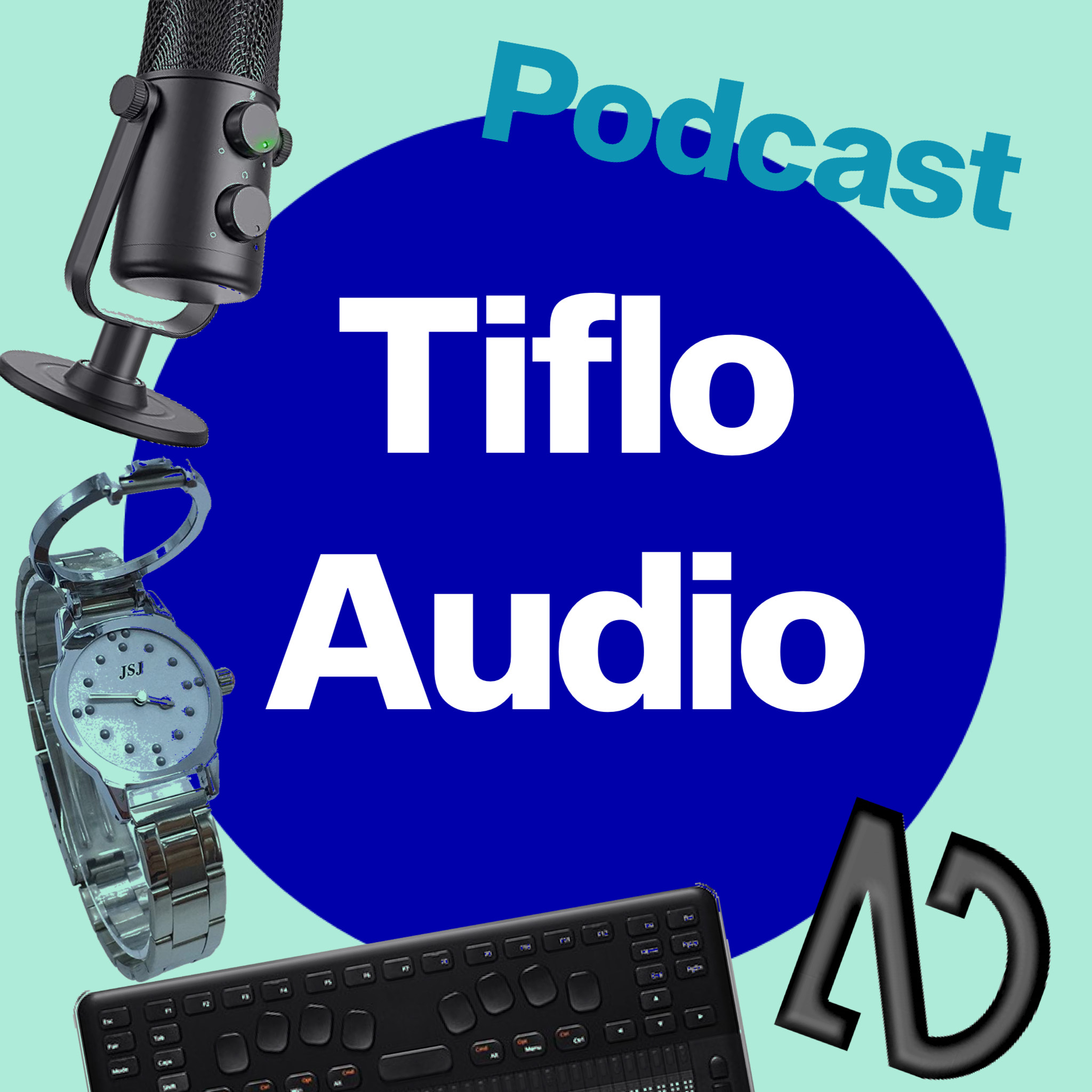 Logo Tiflo Audio. El dibujo presenta un círculo color azúl y en el centro del mismo hay un texto de color blanco que dice Tiflo Audio y a la izquierda rodeando el círculo hay un micrófono y varias tecnologías Braille. Arriba a la derecha dice Podcast en color azúl claro.